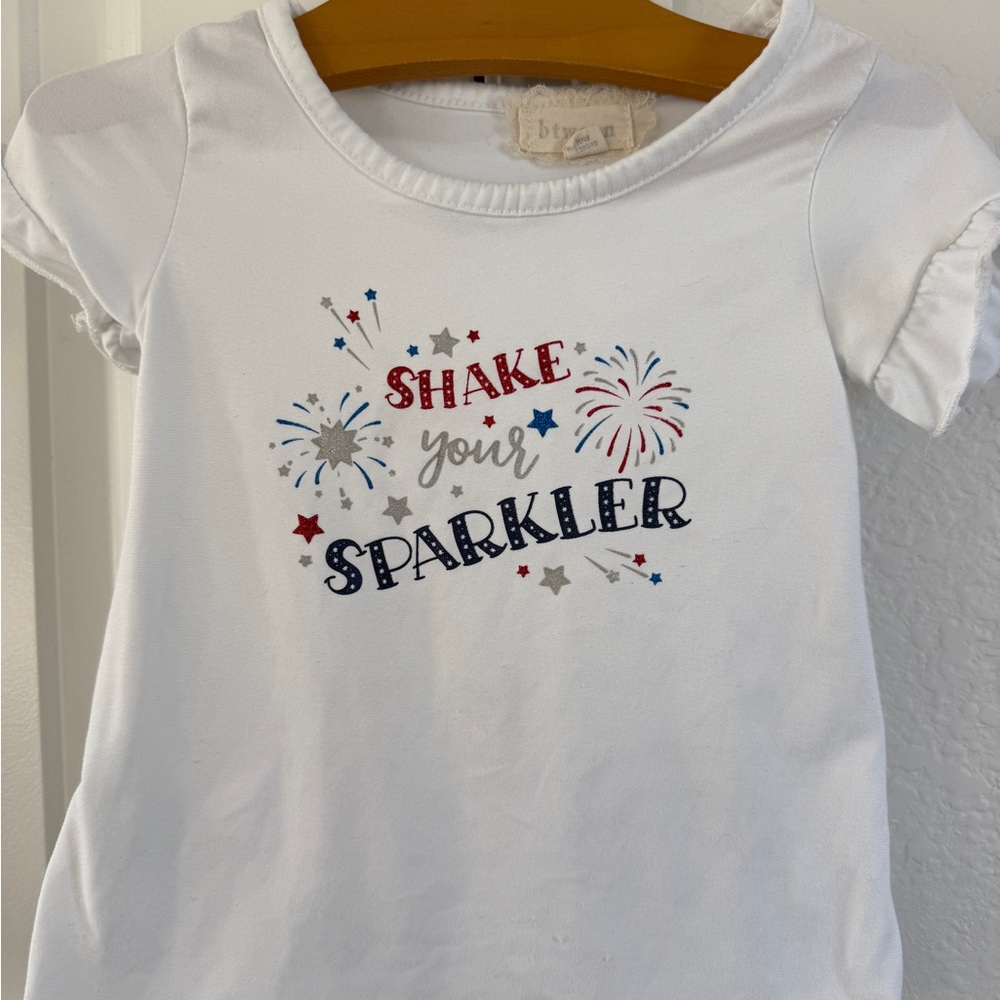 btw even White Tee with Firework and Sparkler Design 4th of july modal bamboo 2T
